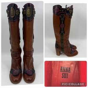 Anna Sui Unique Rare Leather Boots Leather/Metallic Embellishments Size EU 38